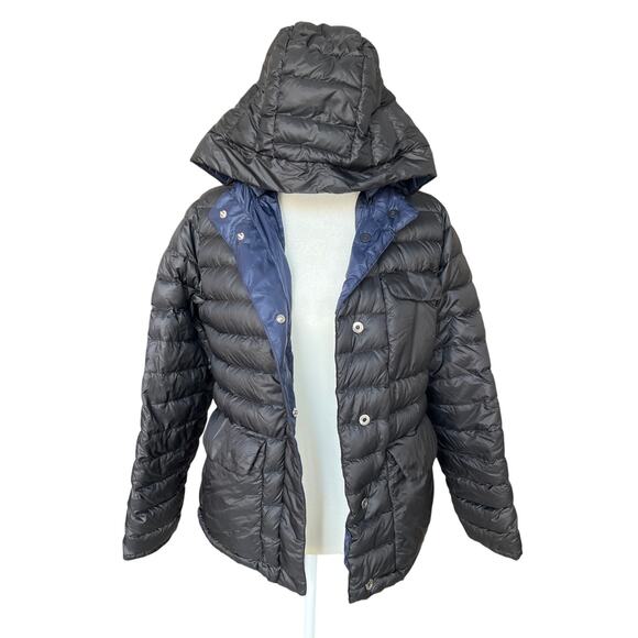 Athleta Black/Blue Puffer Jacket Women's Size M Removeable Hood Inside Pockets - Picture 5 of 11